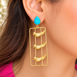 Royal Blue -Golden Leaf Mother of Pearl Statement Earrings