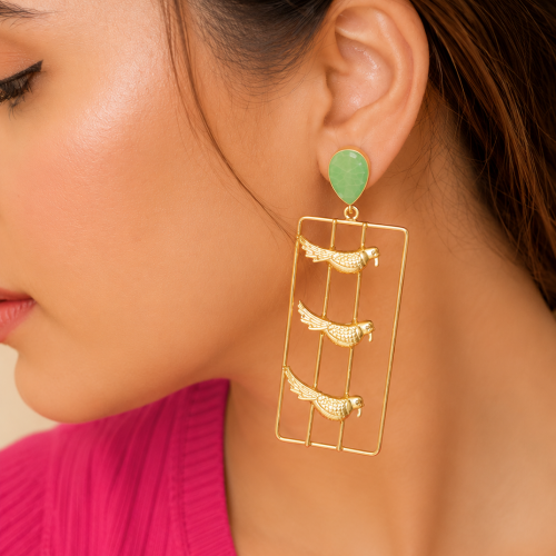 Mint Green -Golden Leaf Mother of Pearl Statement Earrings