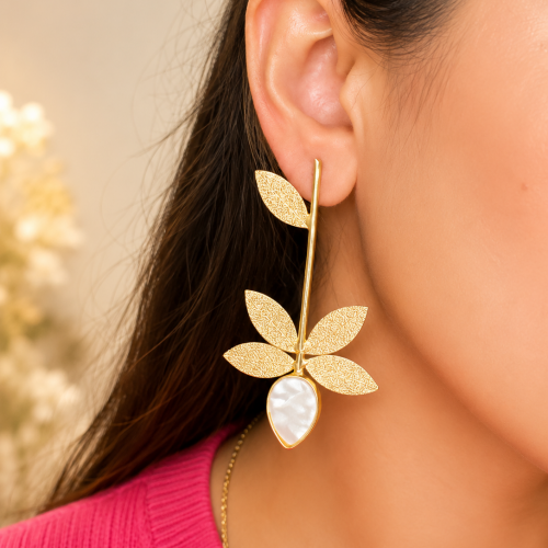 Golden Leaf Pearl Drop Earrings for Women