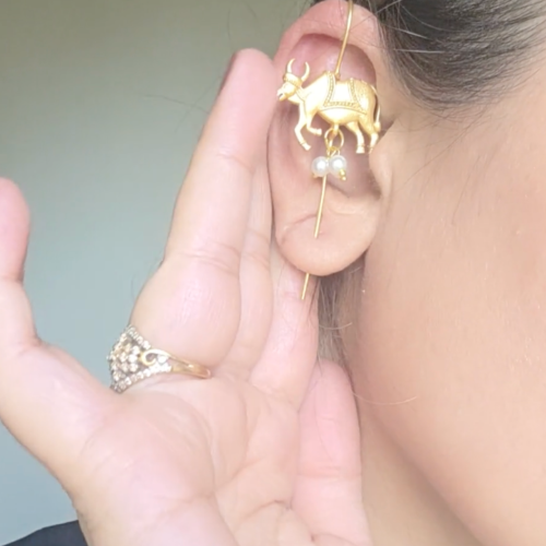 Nandi Bull Pearl Drop Hoop Earrings – Gold Plated Traditional Temple Earrings