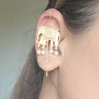 Royal Elephant Pearl Ear Cuff Earrings – Gold Plated Temple Statement Earrings for Women