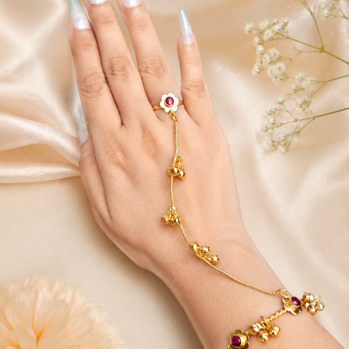 Aura Floral Ghungroo Hand Harness Hathphool – Gold Plated with Ruby Stone Aura Floral Ghungroo Hand Harness Hathphool – Gold Plated with Ruby Stone