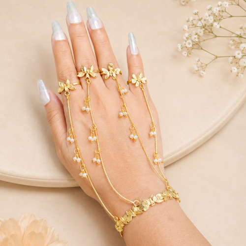 Golden Butterfly Pearl Multi-Finger Hathphool Golden Butterfly Pearl Multi-Finger Hathphool