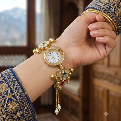 Aura Royal Kundan Floral Ghungroo Adjustable Bracelet Watch for Women