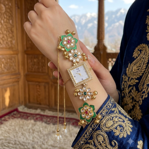 Aura Emerald Floral Kundan Square Bracelet Watch for Women