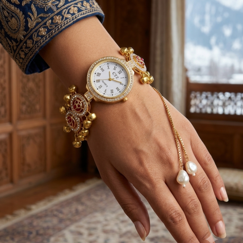 Aura Heritage Kundan Ghungroo Adjustable Bracelet Watch for Women
