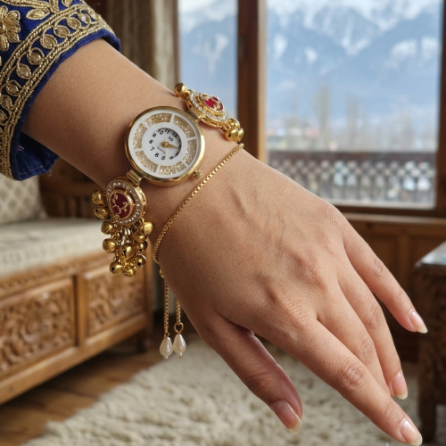 Aura Heritage Kundan Ghungroo Adjustable Bracelet Watch for Women