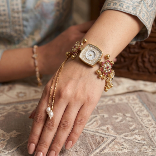 Aura Blossom Kundan Floral Ghungroo Adjustable Bracelet Watch for Women