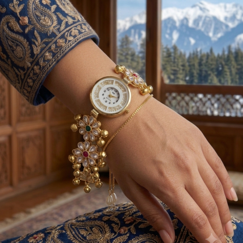 Aura Elegant Floral Kundan Ghungroo Adjustable Bracelet Watch for Women