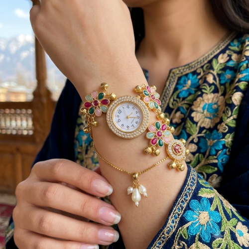 Aura Multicolor Floral Kundan Ghungroo Adjustable Bracelet Watch for Women