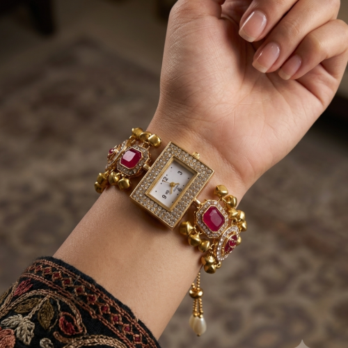 Aura Royale Ruby Crystal Ghungroo Adjustable Bracelet Watch for Women
