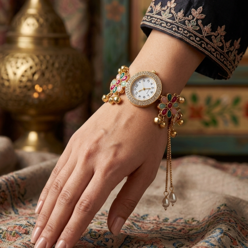 Aura Royal Multicolor Floral Crystal Ghungroo Adjustable Bracelet Watch for Women