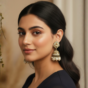 Kundan Jhumka with Gold and White Stone of Pearls