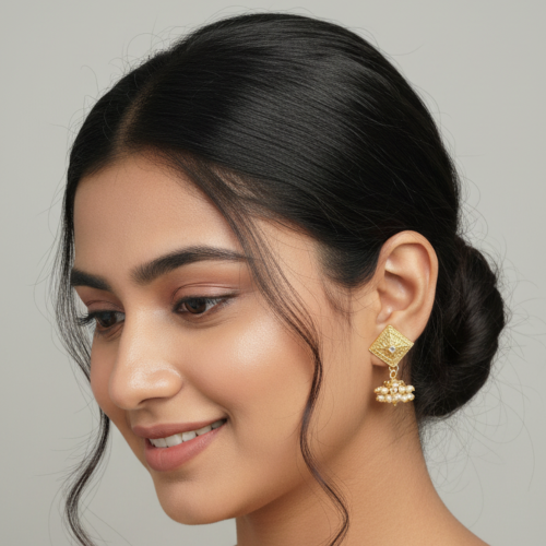 Gold Plated Square Stud Jhumka Earrings with Pearl Drops