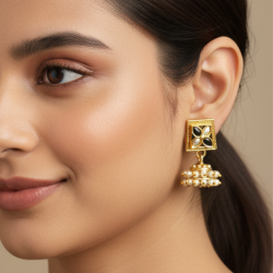 Small square gold stud top with four petal-like white stones, and a hanging dome cluster of small white pearls