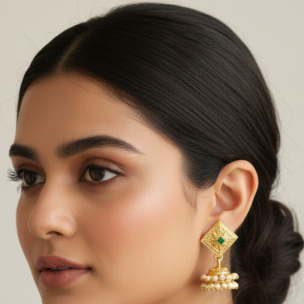 Gold Plated Green Stone Square Jhumka Earrings with Pearl Drops