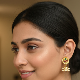 Gold Plated Kundan Jhumka Earrings with Red & Green Stones