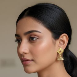 Gold Plated Red Stone Square Jhumka Earrings with Pearl Drops