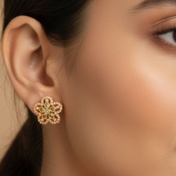 Gold Tone Flower Stud Earrings with Stones
