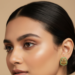 Square Gold Tone Green Edge Stone Stud Earrings