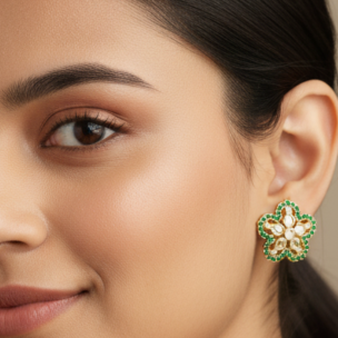 Five-petal flower shape with gold-tone metal, central white stones, and a border of small green stones